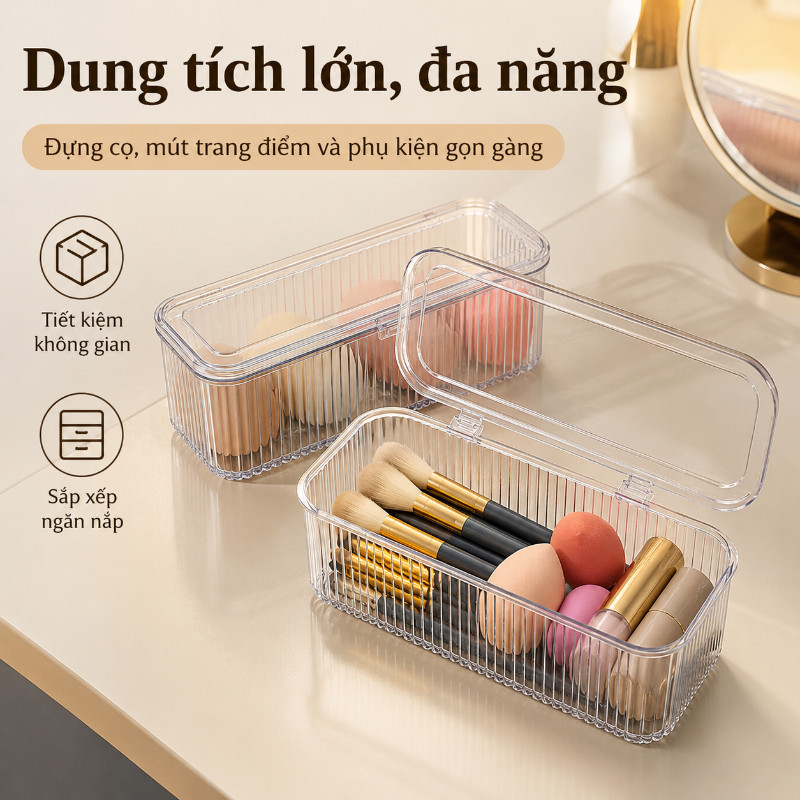 Hộp Đựng Đồ Trang Điểm Trong Suốt Bằng PET Cao Cấp – Dung Tích Lớn, Chống Bụi, Giải Pháp Sắp Xếp Gọn Gàng Cho Bàn Phấn