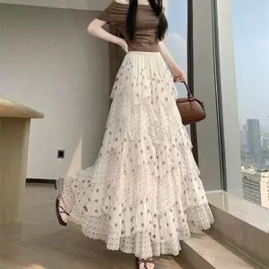 Váy gạc chấm bi mơ mùa hè eo cao mỏng hơn trông rộng viền váy bánh chữ a mềm mại