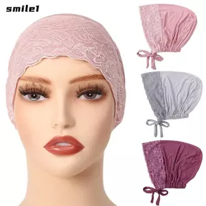 Mũ Hijab SMILE, Mũ dây đeo đàn hồi màu trơn, Mũ đội đầu ren đa năng Vải mềm dành cho nữ