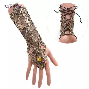 AqToCna Gothic Steampunk Ren Cuff Găng Tay Không Ngón Tay Ấm Cánh Tay Vòng Tay Vàng AqToCna
