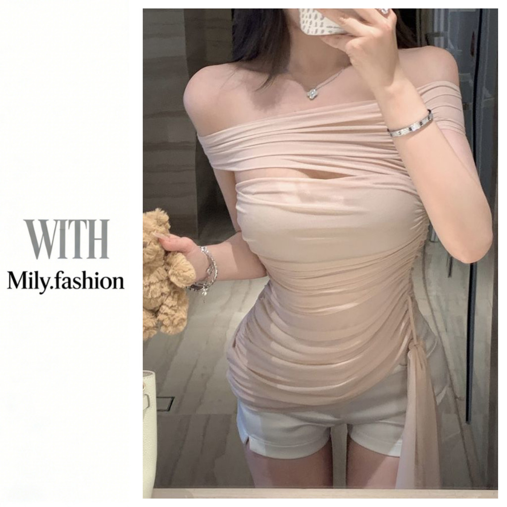 Milyfashion Mai Màu Hồng Một Vai Nhẹ Nhàng Nẹp Xếp Ly Off-Soulder Pure Desire Slim-Fit T Short Top Nữ