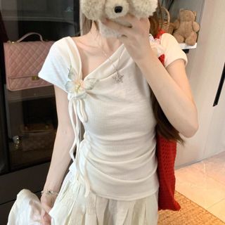 Kích Thước Lớn Ngắn Tay Áo Thun Nữ Pure Desire Ren-Up Cô Gái Ôm Hơn Nhìn Top Vải Mềm