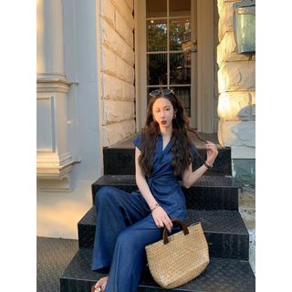 HB - Set Bộ Nữ Giả Denim Xoắn Eo Kèm Quần Dài Ống Suông S144