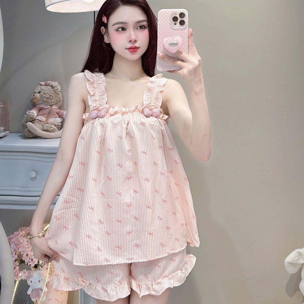 Bộ Đồ Ngủ Nữ JUSOKA  Pijama DU54 Đũi Vân Mây 2 Dây Viền Bèo Đính Nơ Mềm Mịn Cao Cấp Thoải Mái Dễ Thương