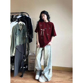（Giao hàng 24h）Angela Áo thun xịn nữ đỏ nơ local brand áo phông mùa hè âu mỹ