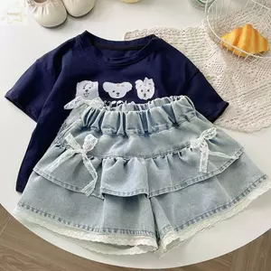 AWNGD Bé Gái Quần Short Denim, Thiết Kế Nơ Quần Short Mùa Hè Nhiều Lớp, Thắt Lưng Co Giãn Viền Ren Thời Trang Nữ Thanh Lịch Tầng Váy Phong Cách Hàn Quốc