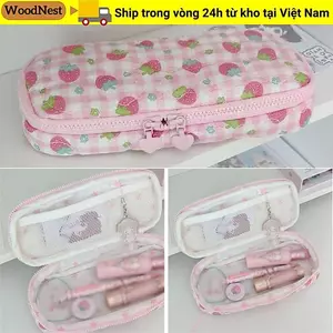 Túi đựng bút WOODNEST, Túi đựng văn phòng phẩm dung tích lớn có dây kéo, Thiết kế dâu tây chất lượng cao Bút chì cầm tay dành cho học sinh