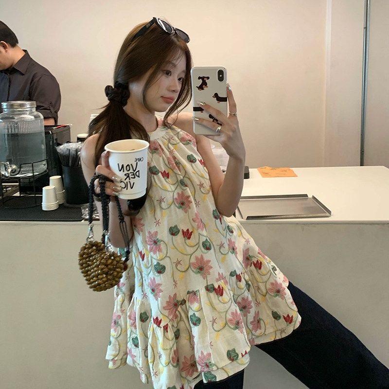 [Khuyến mãi trong thời gian có hạn] Size lớn Fat MM Phong cách Hàn Quốc Phong cách ngọt ngào in hình cổ dây hoa cho nữ mùa hè eo hẹp thon gọn hơn Áo thun không tay phù hợp