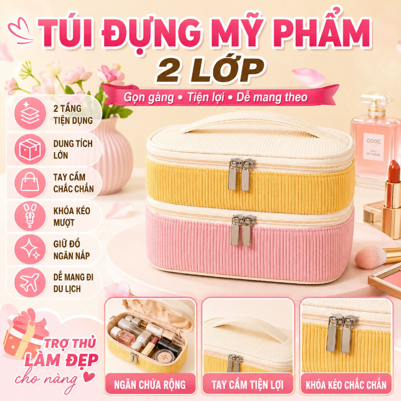 Túi Đựng Mỹ Phẩm 2 Lớp Cho Nữ, Cốp Đựng Đồ Makeup Cá Nhân Du Lịch, Dung Lượng Lớn, Dễ Mang Theo, Chất Vải Mềm Mại