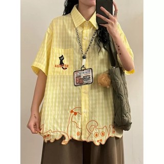 ESEA Áo sơ mi mới tay ngắn họa tiết mèo Nhật Bản chất lượng cao phong cách trung tính phong cách đại học