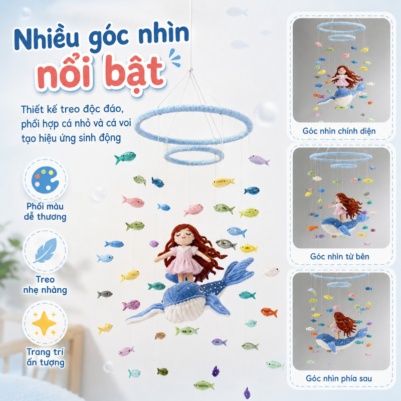Bộ DIY chuông gió cá voi đại dương len bông treo cửa sổ decor phòng handmade kèm hướng dẫn