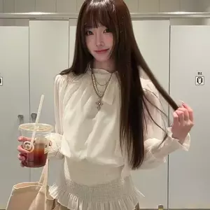 Phong cách dịu dàng!!! [Bowknot] Tính khí đơn giản kiểu Pháp Áo dài tay có dây buộc khâu dáng rộng hẹp hơn
