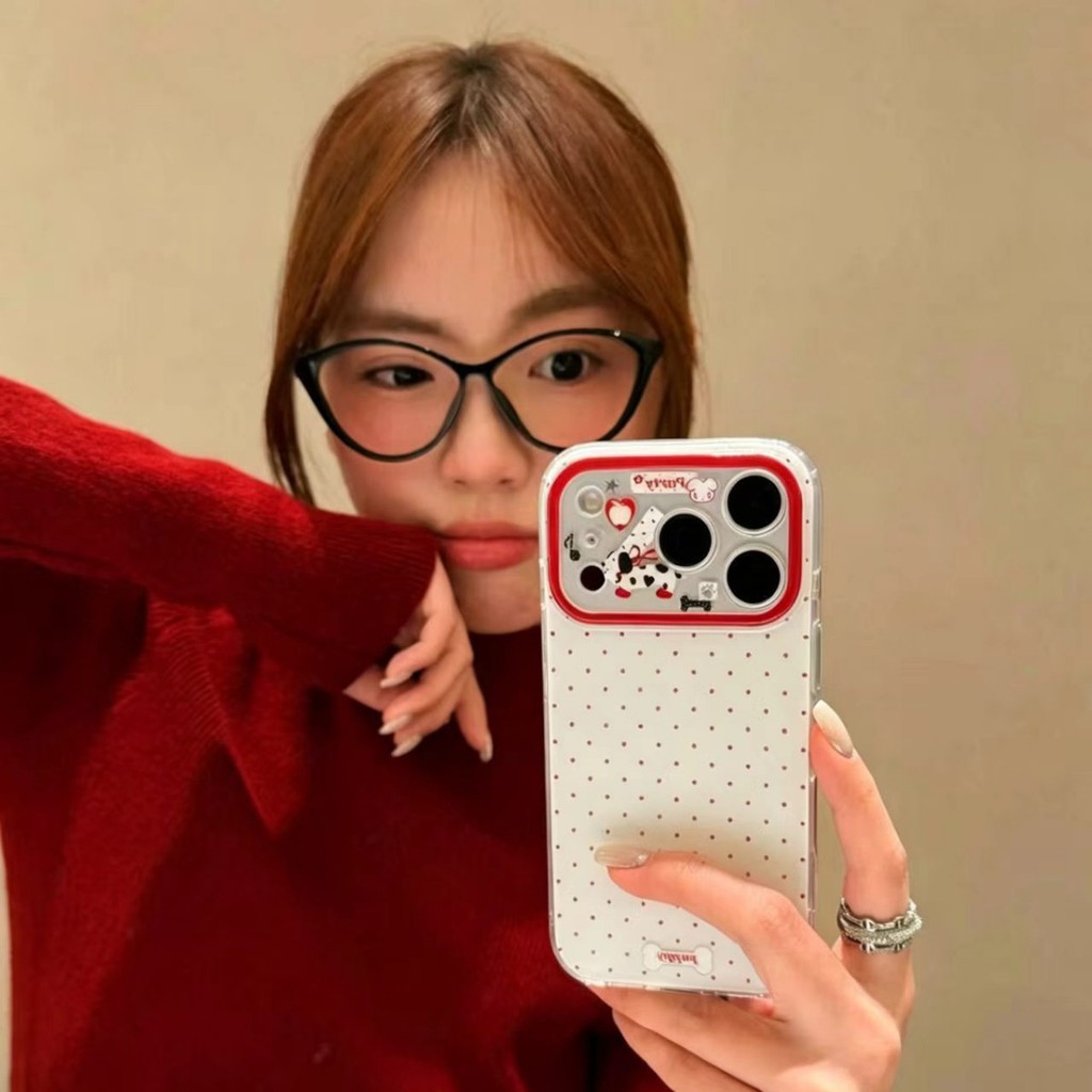 Đơn Giản Chấm Bi Màu Đỏ Hoạt Hình Chó Thích Hợp Cho Apple 17PROMAX Ốp Lưng Điện Thoại iPhone16 Nữ 14 Hai Lớp 13