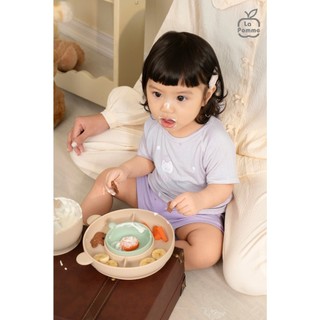 La Pomme SS26.T6.1 Bộ cộc tay mềm mịn vải phối họa tiết cá tính cho bé 6m-3y