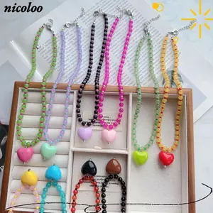 Mặt dây chuyền trái tim NICOLOO, Dây chuyền đính cườm thủy tinh màu kẹo Acrylic, Vòng cổ Choker thẩm mỹ mùa xuân dễ thương dành cho nữ Cô gái