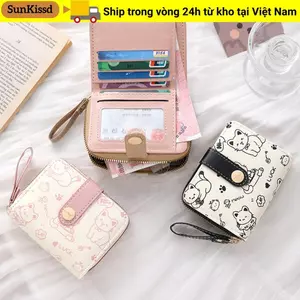 Hộp đựng thẻ ID SUNKISSD, Ví ngắn sức chứa lớn bằng da PU, Ví nữ nhẹ hình mèo dễ thương