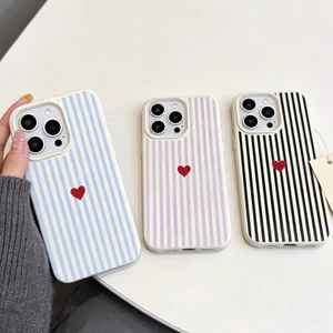 Ốp Điện Thoại Di Động Sọc Trái Tim Tình Yêu Cho Iphone 17 Pro Max 16 15 14 13 Pro Max 15 Plus 16E 17 Air Case Cover Lichee Pattern Thời Trang Mờ Chống Sốc Silicon Màu Kẹo