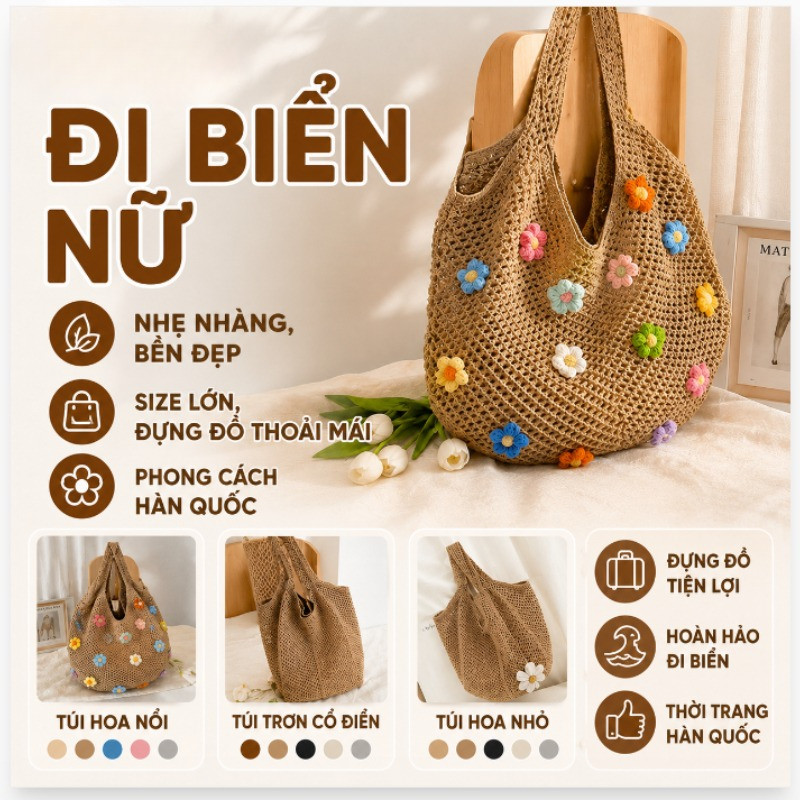 Túi Lưới đan Cài Hoa,Túi Cói Đi Biển Nữ đeo Vai Hàn Quốc Cao Cấp,Size Lớn Đựng Đồ Thoải Mái,Kỳ Nghỉ