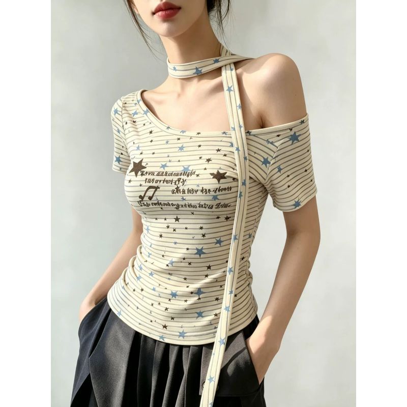 [Seckill trong thời gian có hạn] Áo thun ngắn tay cổ tròn in họa tiết lệch vai Hot Girl Sli
