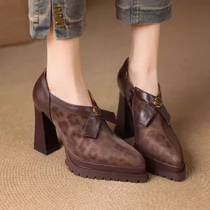 Da Mềm Pháp Retro Mỏng Hơn Nhìn Trước V Nền Tảng Chống Thấm Nước Gót Dày Siêu Cao Gót Thu Đông Nông Miệng Mũi Nhọn Giày Da Nhỏ Phong Cách Punk Giày Nữ