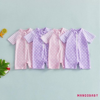 MG-Toddler Đồ Bơi Bé Gái Mùa Hè Tay Ngắn Cổ Tròn Chấm Sọc In Dây Kéo Phía Trước Đồ Bơi Dễ Thương