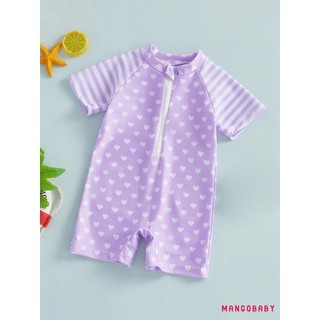 MG-Toddler Đồ Bơi Bé Gái Mùa Hè Tay Ngắn Cổ Tròn Chấm Sọc In Dây Kéo Phía Trước Đồ Bơi Dễ Thương