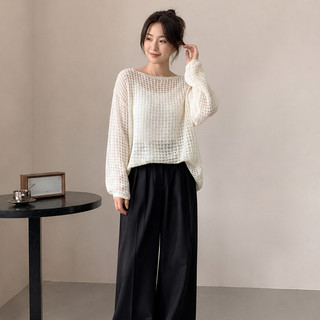 Áo dệt kim cổ tròn mỏng, khoét lỗ, kiểu dáng thường ngày thanh lịch, tay dài, thích hợp mặc ngoài.