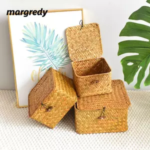 MARGREDY Hộp Bảo Quản Có Nắp, Nắp Dệt Tay Giỏ Kệ, Bán Hình Chữ Nhật Mây Dệt Nhà Tổ Chức Phòng Khách