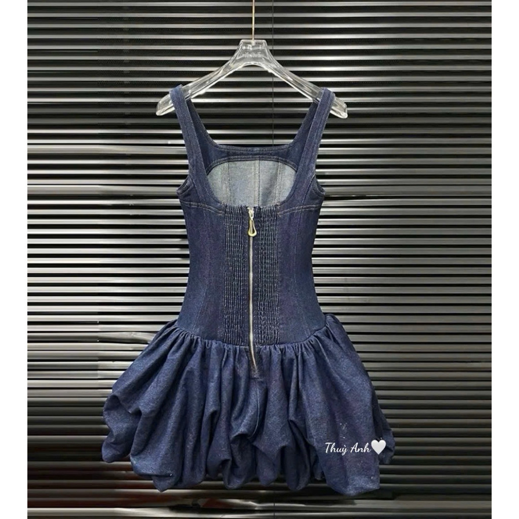 ĐẦM JEAN 2 DÂY XOÈ FORM BÍ, 1màu BYJOLIE