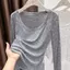 Phong cách Hàn Quốc cổ tròn chấm bi dài tay Slim-fit Giảm tuổi Slimer Nhìn mỏng hơn Áo sơ mi đáy mỏng hàng đầu