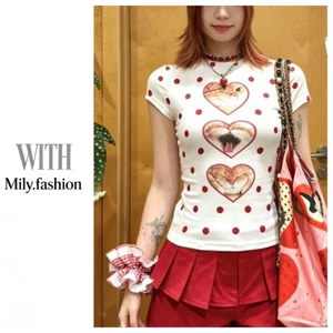 Milyfashion Modal Cat Họa Tiết Hình Trái Tim Chấm Bi Vai Tích Cực Tay Ngắn T Mỏng Hơn Nhìn Phù Hợp Với Niche Top Y2K Dopamine Mùa Hè H