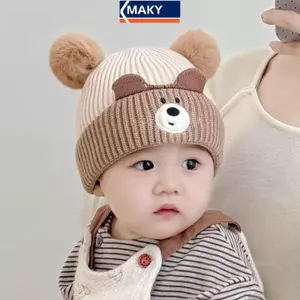 Mũ Chui Đầu Pom-Pom Dễ Thương MAKY Cho Bé Mùa Thu Đông - Mũ Len Dệt Kim Ấm Áp VN