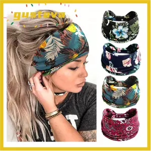 Băng đô GUSTAVA, Băng đô nữ co giãn bằng Cotton Bohemian, Mũ nón khăn xếp đàn hồi rộng Boho tập luyện thông thường dành cho khiêu vũ Biker