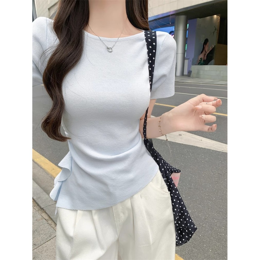 SUXI Áo thun dệt kim ngắn tay màu trơn nhẹ nhàng dành cho nữ mùa hè mới 260603