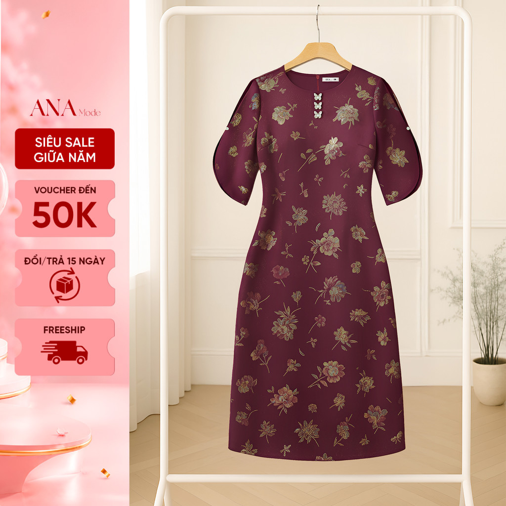 Đầm Dáng Suông Trung Niên ANA Mode Chất Liệu Gấm Ánh Kim Thanh Lịch Đi Chơi Quà Tặng Mẹ DM25CHE12