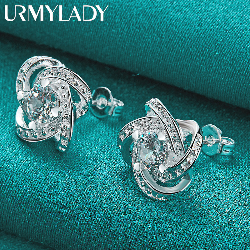 URMYLADY Bạc 925 Bốn Lá Cỏ Ba Lá Zircon Bông Tai Bông Tai Dành Cho Nữ Quyến Rũ Cưới Đính Hôn Trang Sức Thời Trang