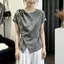 Thiết kế kích thước lớn Áo sơ mi ngắn tay không đều dành cho nữ mùa hè béo mm Slimer Look Grey Top
