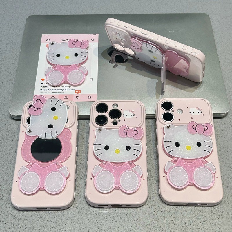 Ốp lưng gương trang điểm chấm bi Hello Kitty dễ thương iPhone Full Lens iP - 11/12/13/14/15/16/17/Plus/Air/Pro/Max