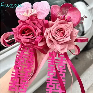FUJIOU 2 Chiếc Ruy Băng Hoa Xe Cưới, Cốc Hút Nơ Gương Chiếu Hậu Ô Tô Trang Trí, Mô Phỏng Chất Lượng Cao Nhân Tạo Có Thể Tái Sử Dụng Trang Trí Đám Cưới Tay Cầm Ô Tô