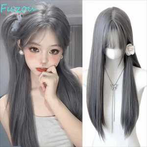 FUJIOU Tóc Giả Màu Xám Có Nổ, Tóc Thẳng Dài Không Khí Tổng Hợp, Vỏ Toàn Đầu Tóc Chịu Nhiệt Tự Nhiên Gothic Cosplay Tóc Giả Carnival