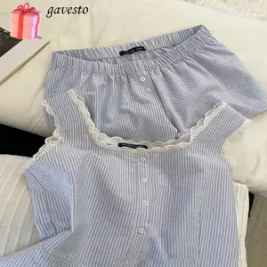 Váy ngủ không tay GAVESTO, Bộ đồ ngủ sọc một ngực, Bộ đồ ngủ nữ ren xanh thời trang