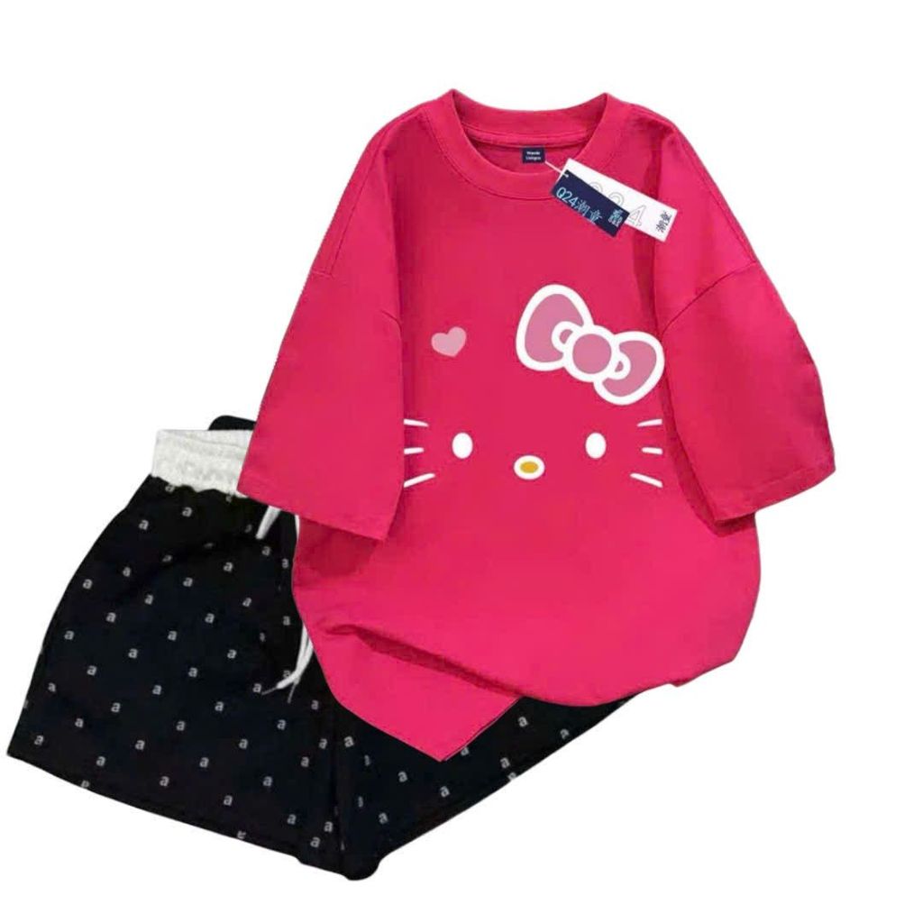 Sét đồ mùa hè siêu cool, siêu thoải mái Quần đùi cộc chữ Aaa  màu đen + mix áo phông mèo giản siêu dễ thương