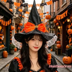 Mũ Phù Thủy Cổ Điển Halloween Cho Nữ Nơ Và Bí Ngô Trang Trí Mũ Phù Thủy Nhọn Cho Phụ Kiện Trang Phục Hóa Trang