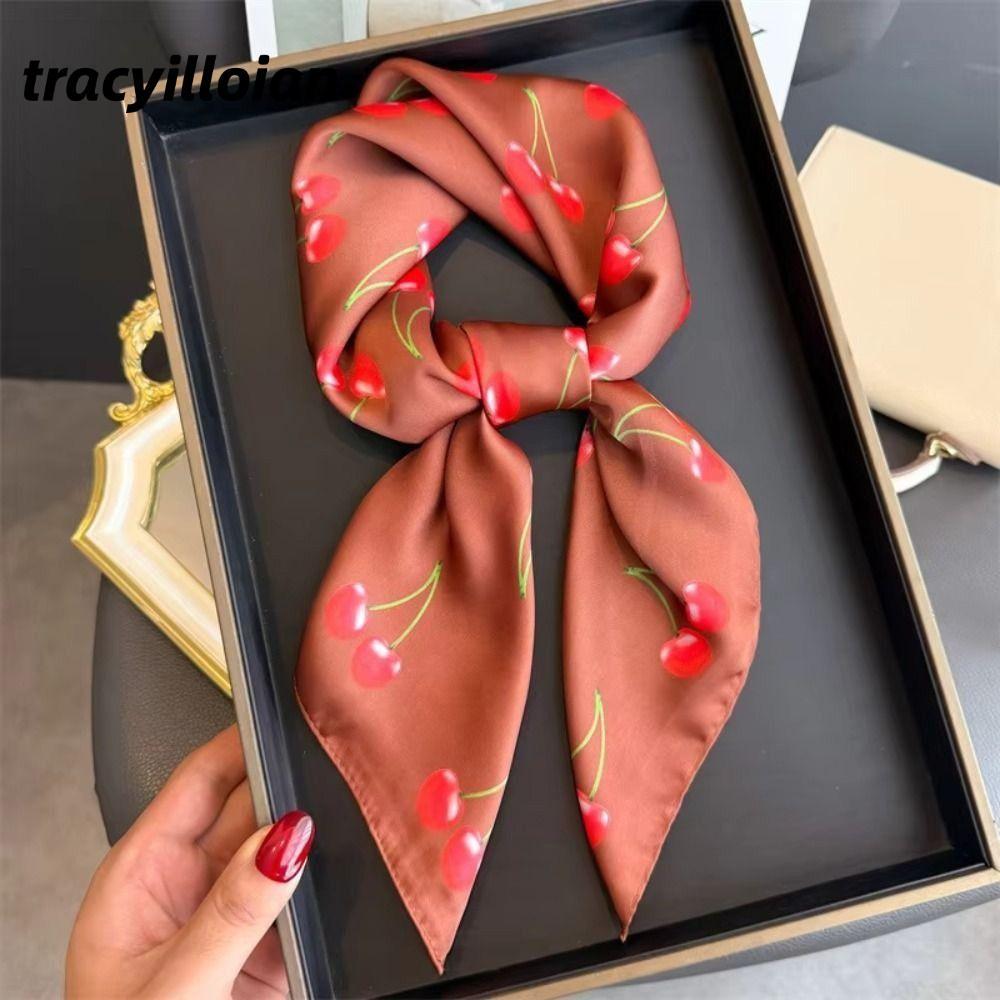Khăn choàng satin vuông TRACEILLOIAN, Khăn quàng cổ vuông lụa satin sang trọng thiết kế anh đào, Khăn trùm đầu nữ mềm mại thời trang