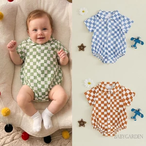 Bé Trai Bé Gái Áo Liền Quần Mùa Hè Tay Ngắn Nút Lên Cổ Body Quần Áo Sơ Sinh Dễ Thương
