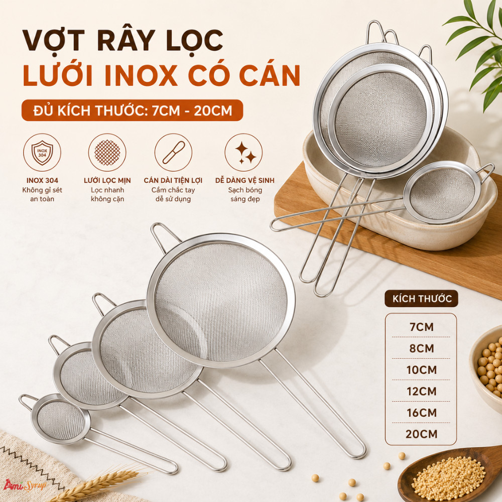 Vợt Rây Lọc Lưới Inox Có Cán (7cm - 20cm) | Lọc Mịn, Chất Liệu Bền Bỉ