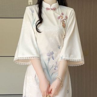 Sườn Xám Cách Tân Tay Lửng Rộng Phối Ren - Váy Tiểu Thư Tôn Dáng