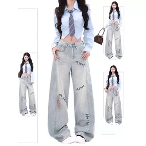 Quần jean thêu chữ màu xanh nhạt dành cho nữ mùa hè Phong cách mới lưng thấp mỏng hơn trông đau khổ Học sinh phù hợp