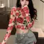 E-WOITD Thu Đông Nữ Retro Hoa Tròn Ne Áo Thun Dài Tay Slim Crop Top E-WOITD