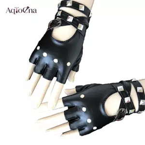 AqToCna Nữ Da Nửa Ngón Găng Tay Punk Đinh Tán Thắt Lưng Găng Tay Tiệc Halloween Punk AqToCna